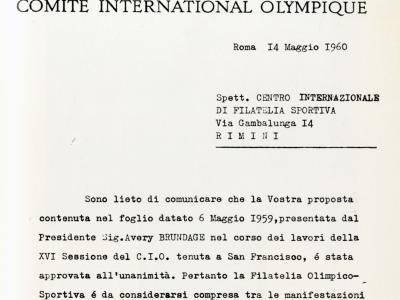 La lettera del CIO che inserisce la Filatelia Olimpico-Sportiva nelle manifestazioni d'arte delle Olimpiadi
