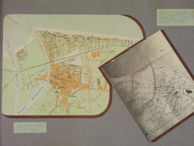 Ritaglio di una pianta della città di Rimini del 1940 e riproduzione di una carta topografica militare americana (Foto Moretti Film, Album Maioli, 1943-1944)