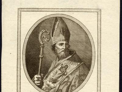 Luigi Povelato, S. Gaudenzio Vescovo di Novara. Il titolo è modificato da una scritta antica che sostituisce Novara con Rimini