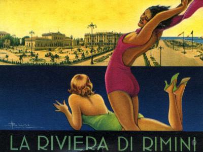 1933. Copertina dell'opuscolo pubblicitario dell'Azienda di cura e soggiorno di Rimini, a cura di ENIT (Biblioteca Gambalunga, inv. 314834, M 7100_317)