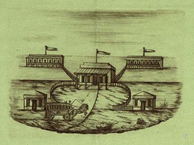 L’illustrazione del primo Stabilimento Bagni di Rimini inaugurato nel 1843 (sezione Si comincia!) particolare di un foglio volante del 1847, Fondo Gambetti 